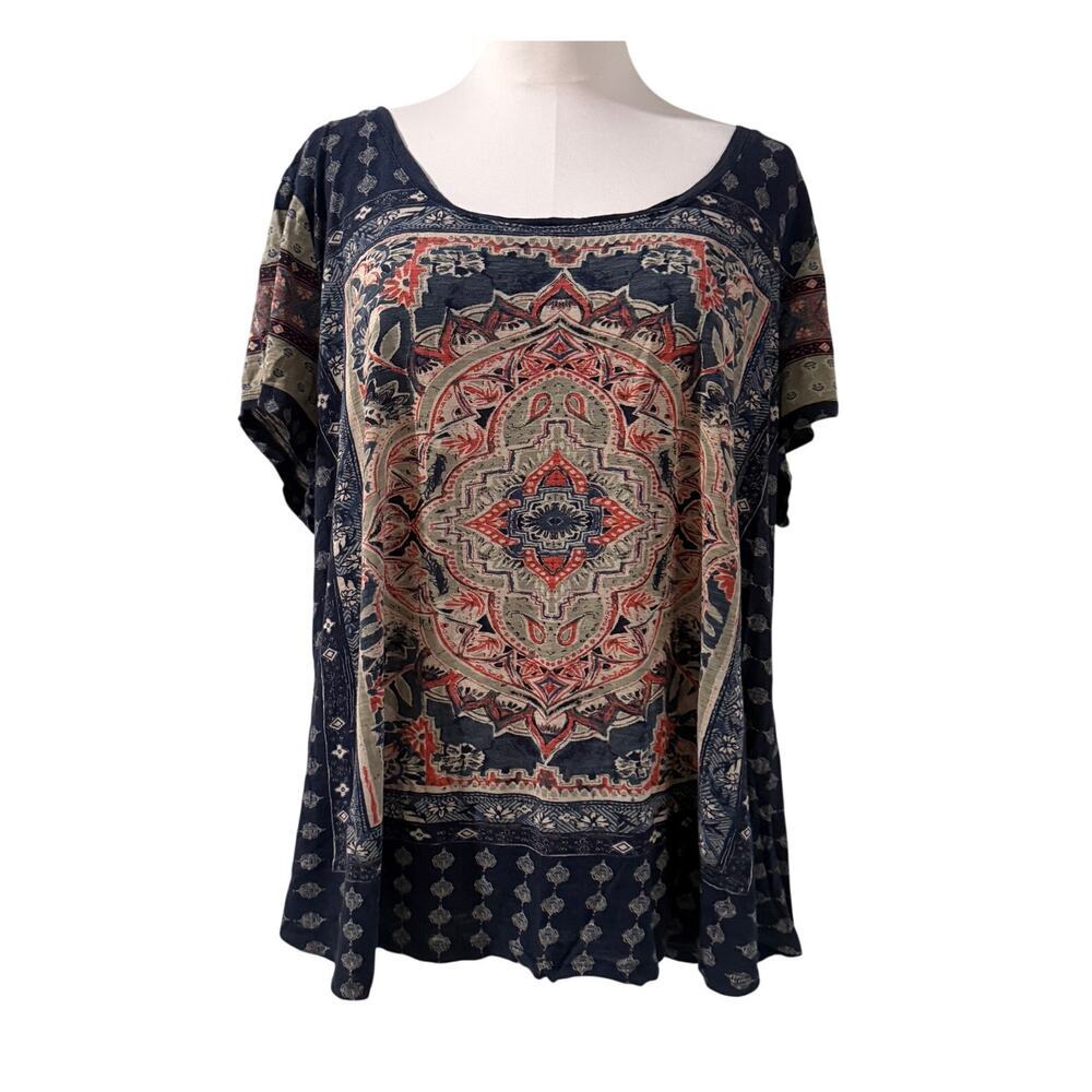 Lucky Brand 3X Boho Medallion Print Top Blue Short Sleeve Cotton Casual Soft